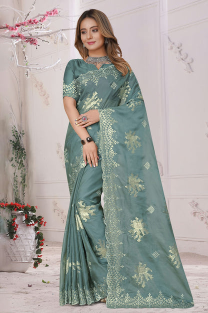 Slate Blue Colour Organza Silk Designer Saree