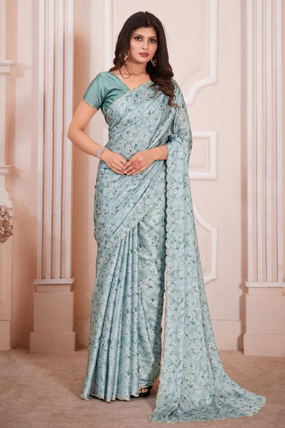 Slate Blue Colour Pure Satin Designer Saree