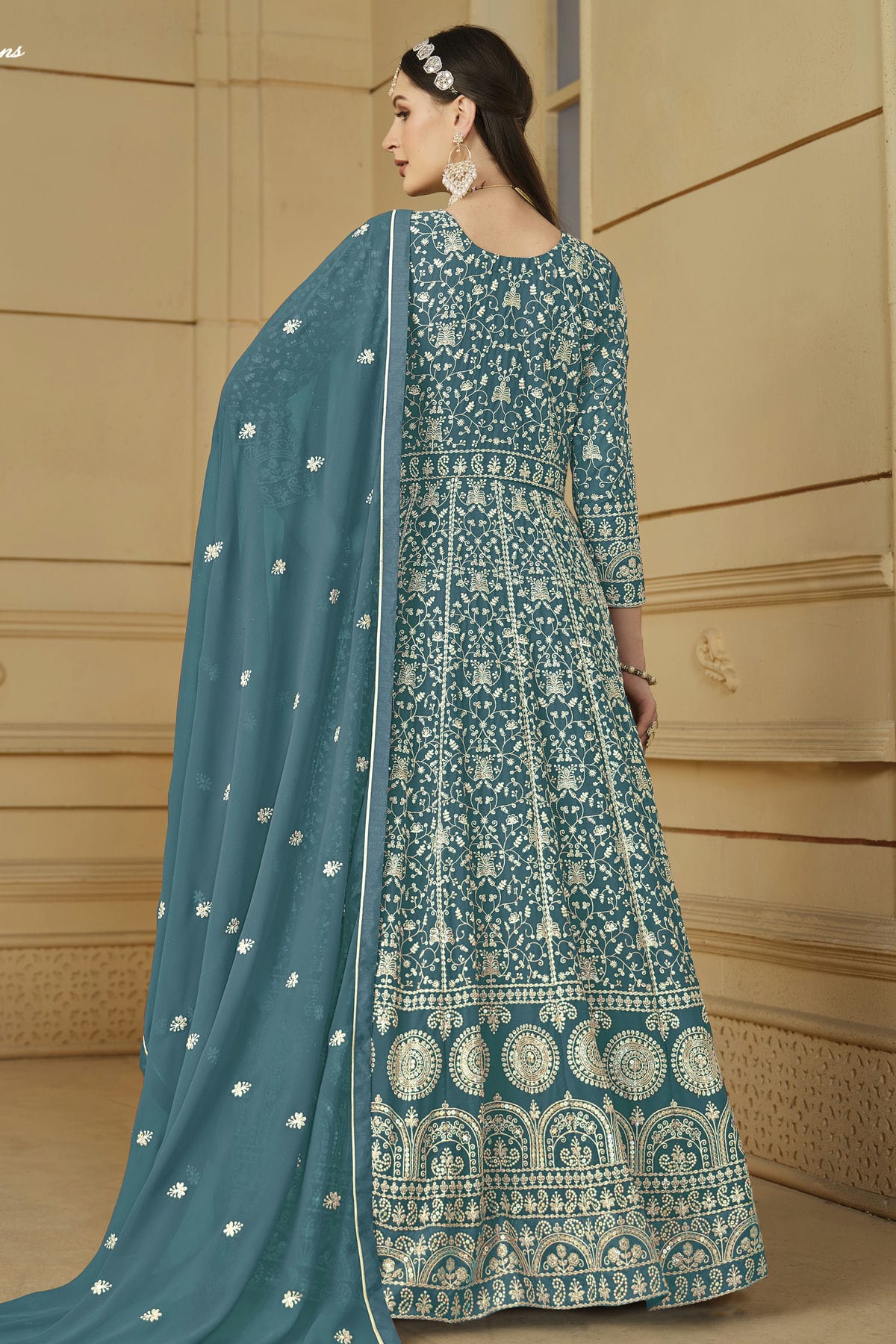 Slate Blue Colour Semi Stitched Faux Georgette Anarkali Suit