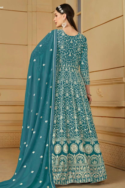 Slate Blue Colour Semi Stitched Faux Georgette Anarkali Suit