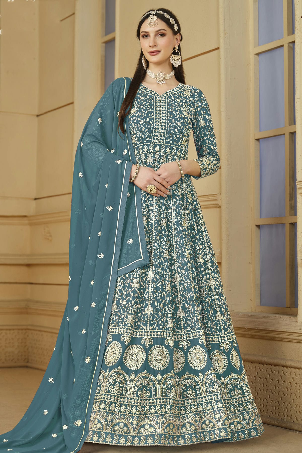 Slate Blue Colour Semi Stitched Faux Georgette Anarkali Suit