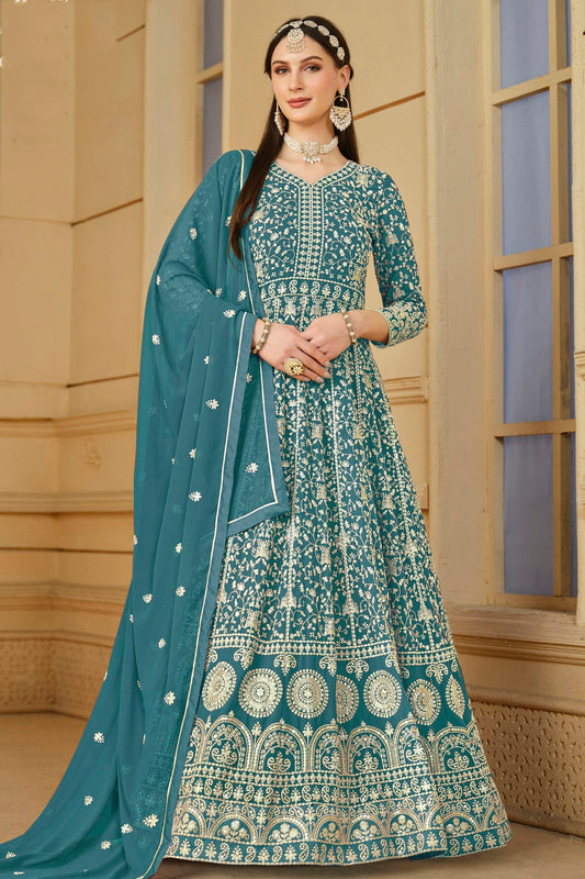 Slate Blue Colour Semi Stitched Faux Georgette Anarkali Suit