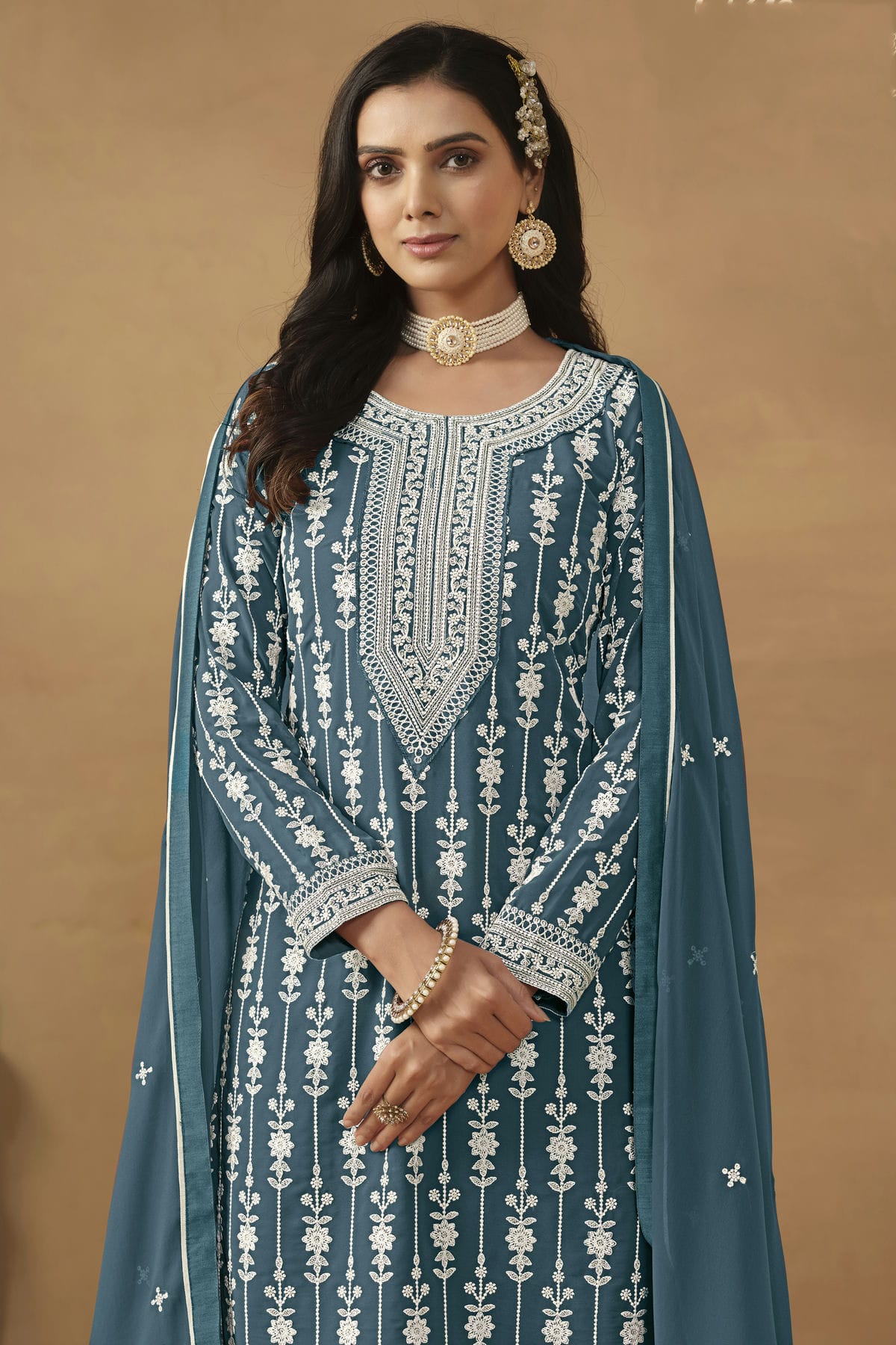 Slate Blue Colour Semi Stitched Faux Georgette Sharara Suit