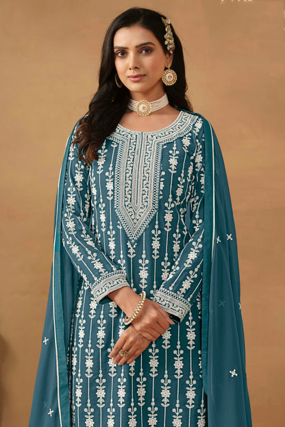 Slate Blue Colour Semi Stitched Faux Georgette Sharara Suit