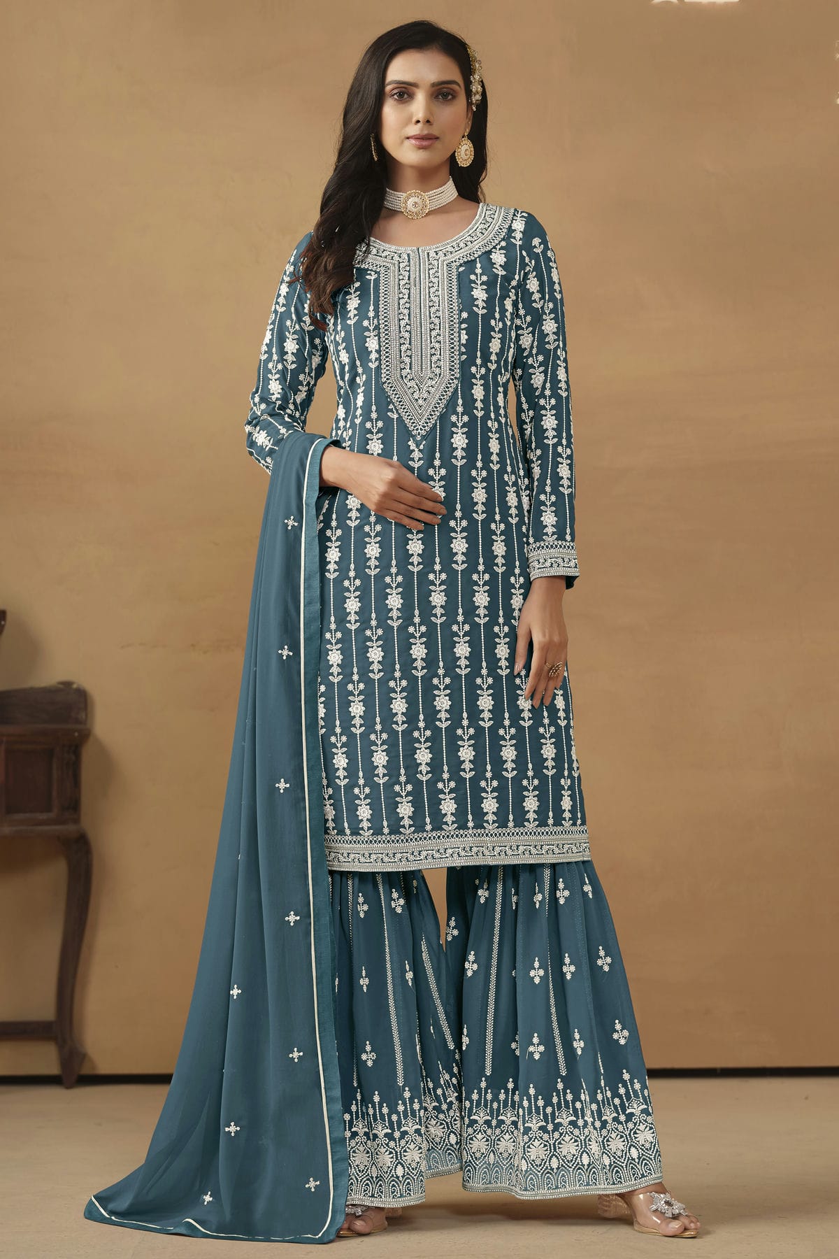 Slate Blue Colour Semi Stitched Faux Georgette Sharara Suit