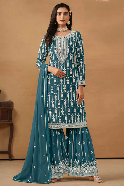 Slate Blue Colour Semi Stitched Faux Georgette Sharara Suit