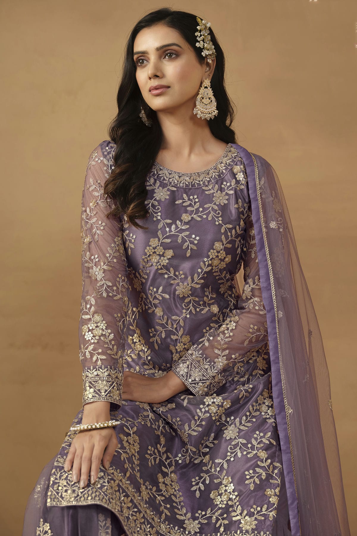 Slate Blue Colour Semi Stitched Net Sharara Suit