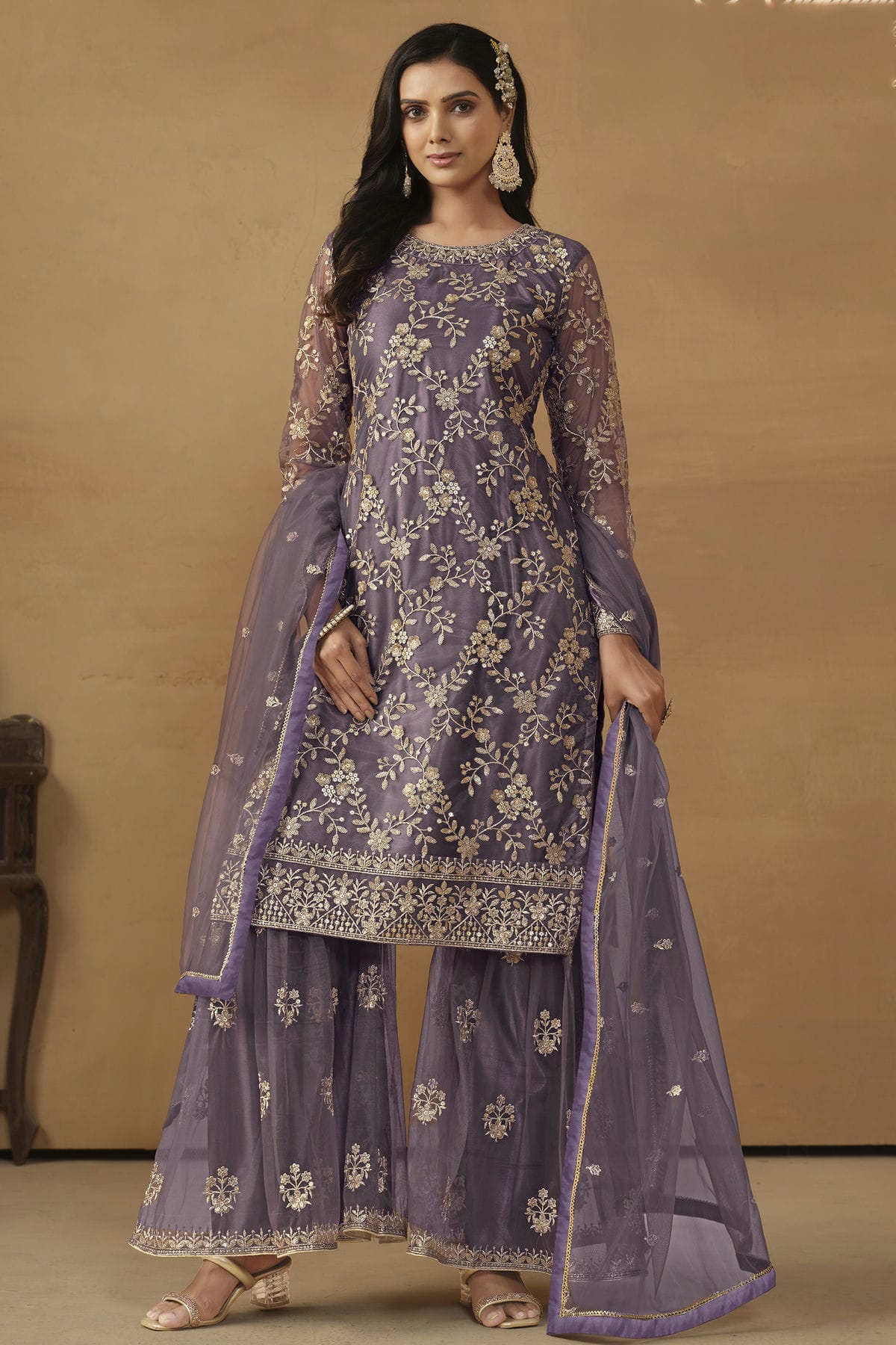 Slate Blue Colour Semi Stitched Net Sharara Suit