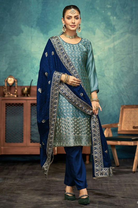 Slate Blue Colour Semi Stitched Vichitra Silk Pant Style Suit