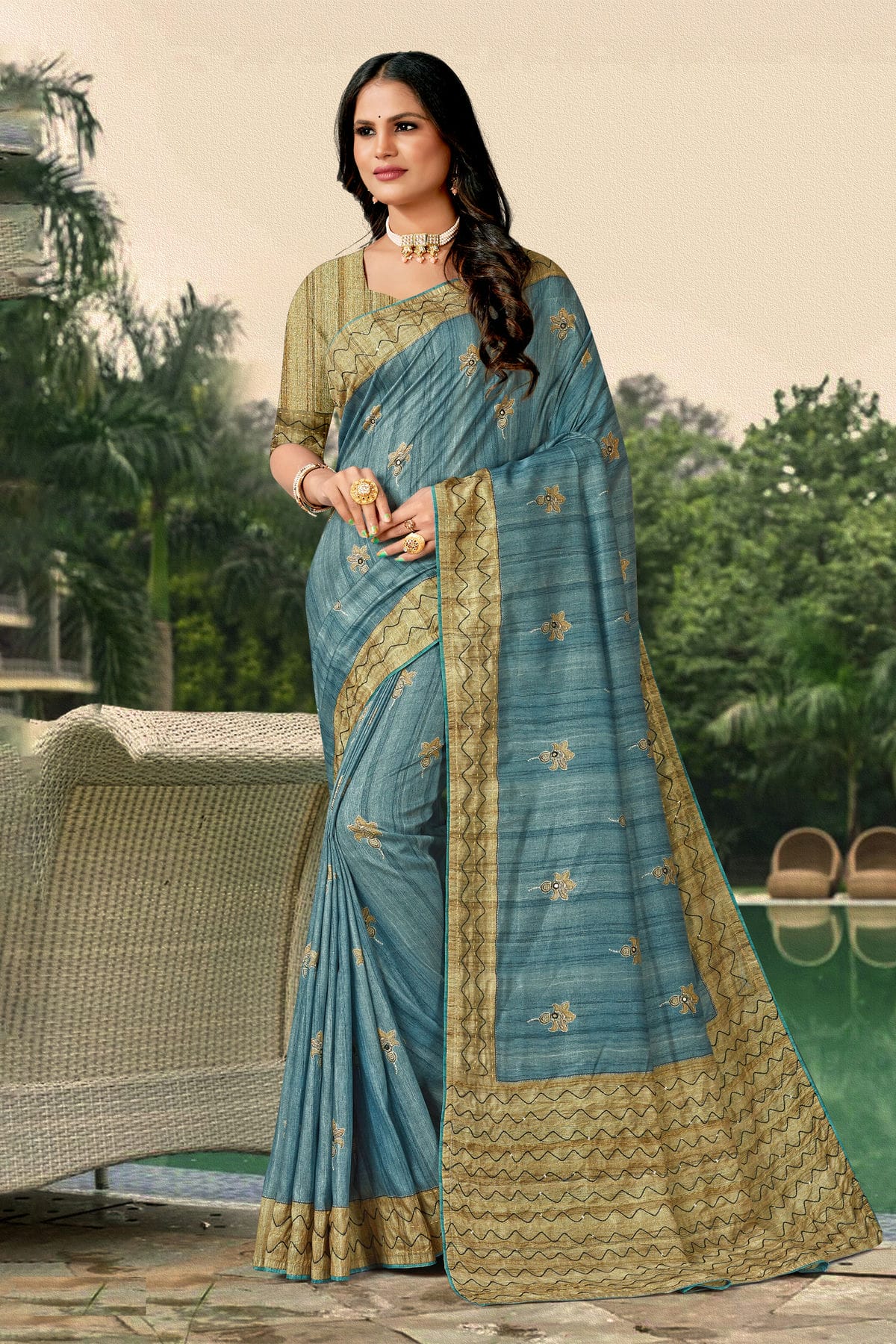 Slate Blue Colour Tussar Silk Traditional Saree