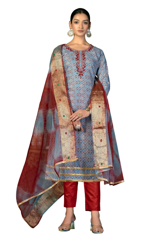 Slate Blue Colour Unstitched Cotton Fabric Straight Suit