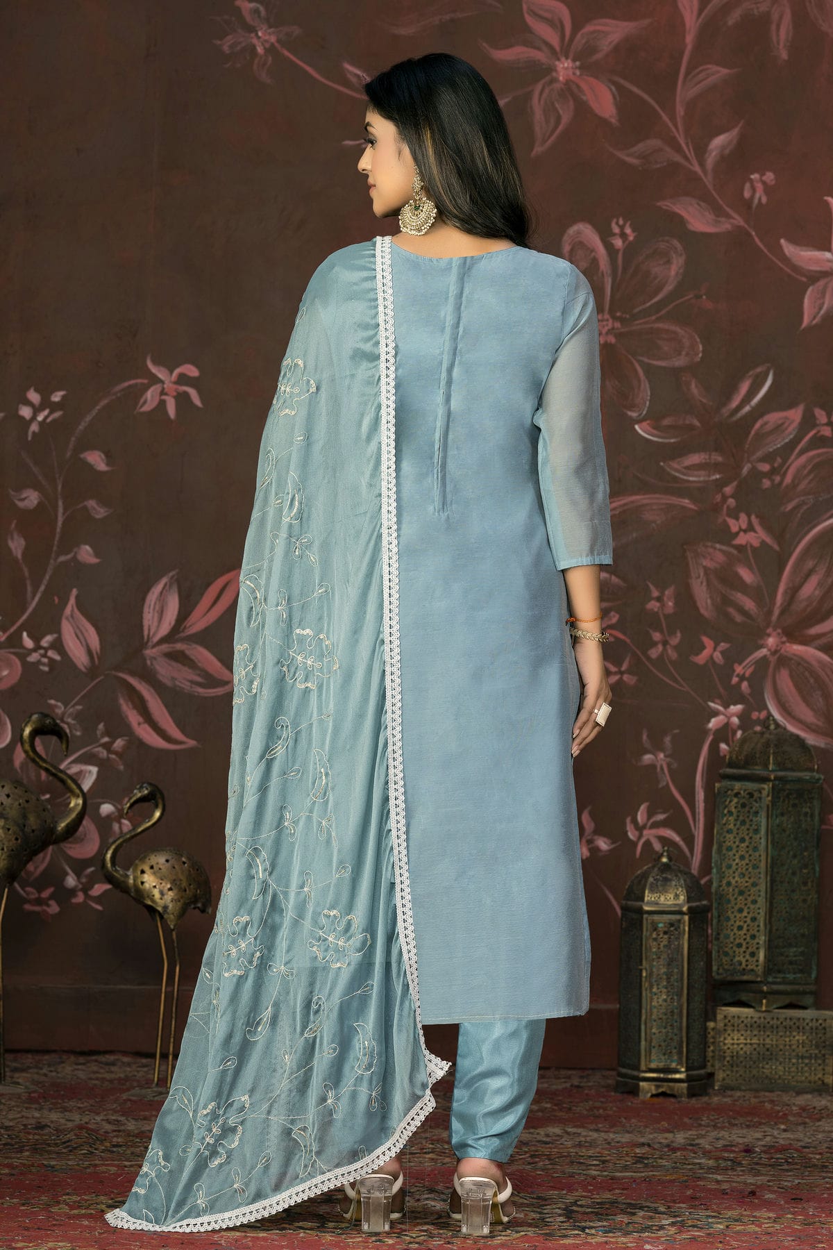 Slate Blue Colour Unstitched Modal Cotton Pant Style Suit