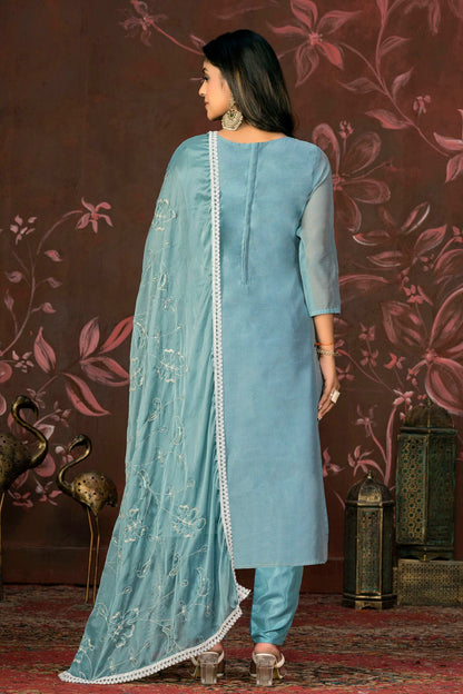 Slate Blue Colour Unstitched Modal Cotton Pant Style Suit