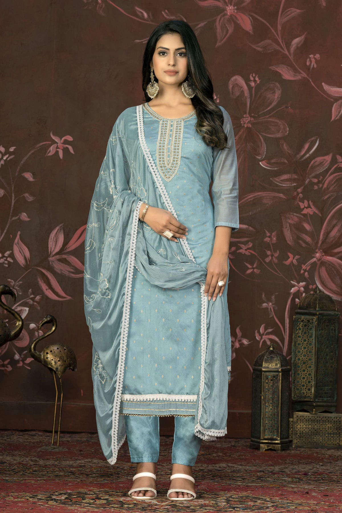 Slate Blue Colour Unstitched Modal Cotton Pant Style Suit