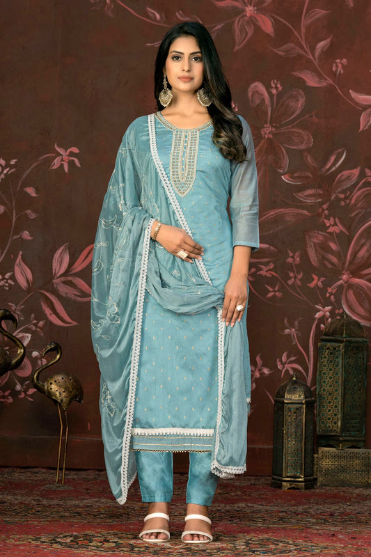 Slate Blue Colour Unstitched Modal Cotton Pant Style Suit