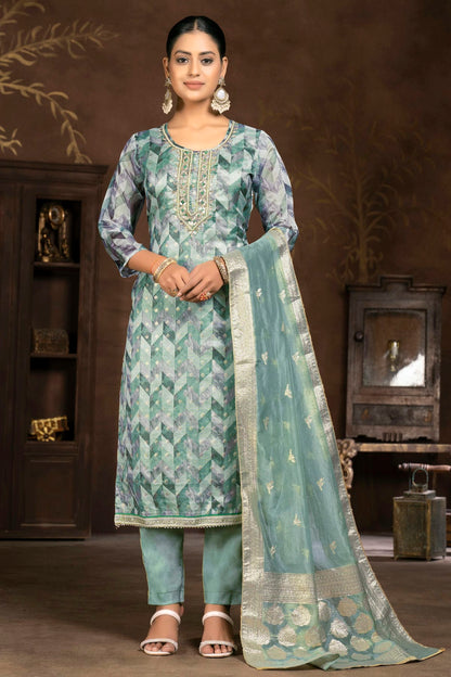 Slate Blue Colour Unstitched Organza Jacquard Pant Style Suit