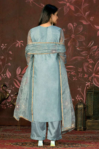 Slate Blue Colour Unstitched Organza Jacquard Straight Suit