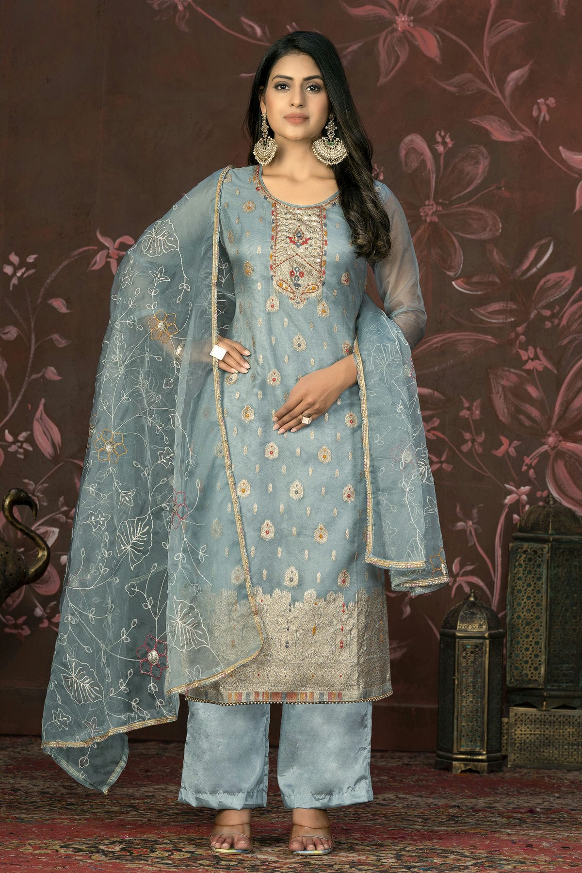 Slate Blue Colour Unstitched Organza Jacquard Straight Suit