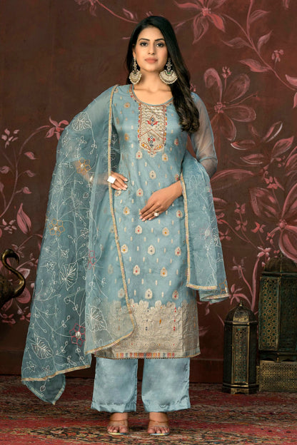 Slate Blue Colour Unstitched Organza Jacquard Straight Suit