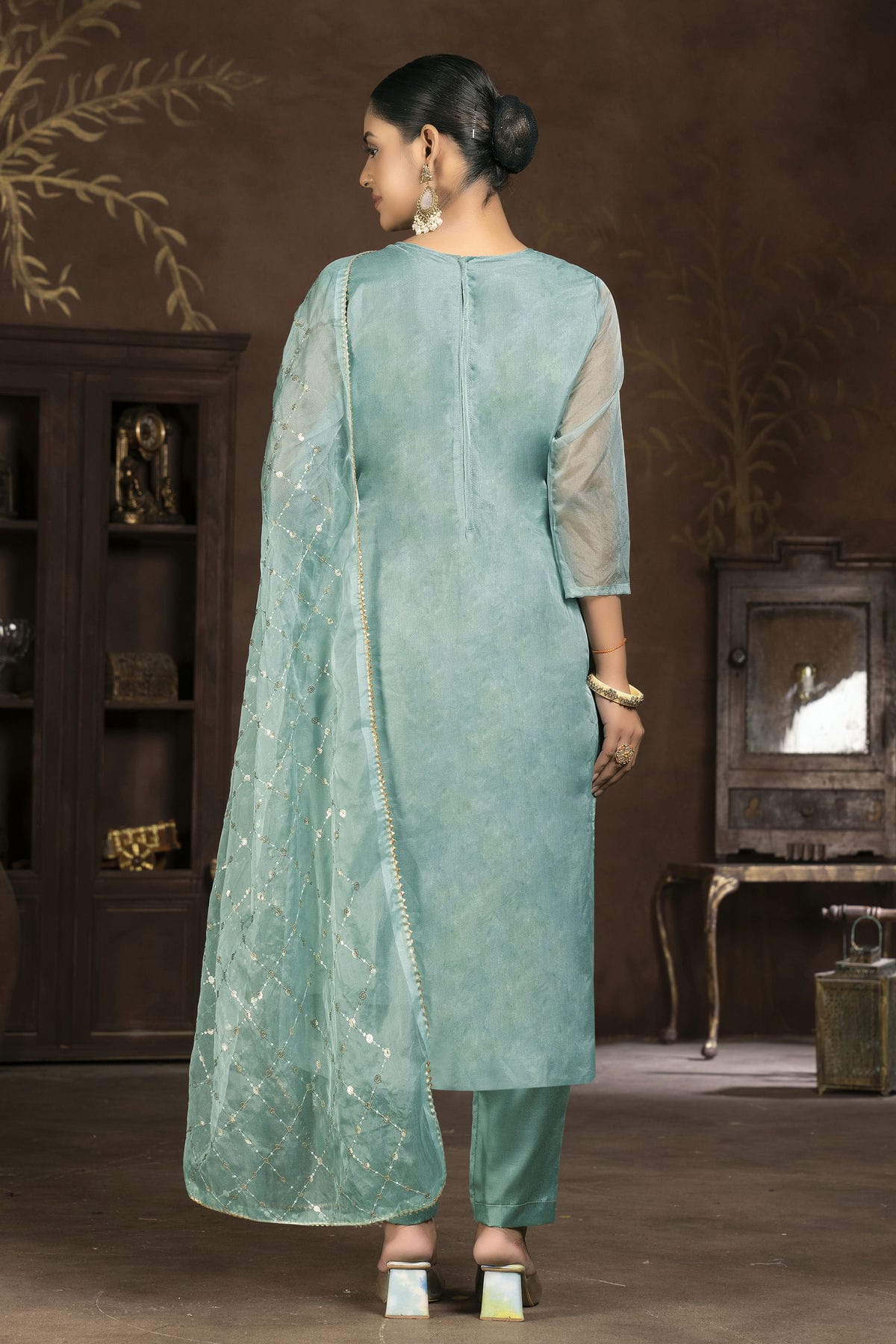 Slate Blue Colour Unstitched Pure Organza Pant Style Suit