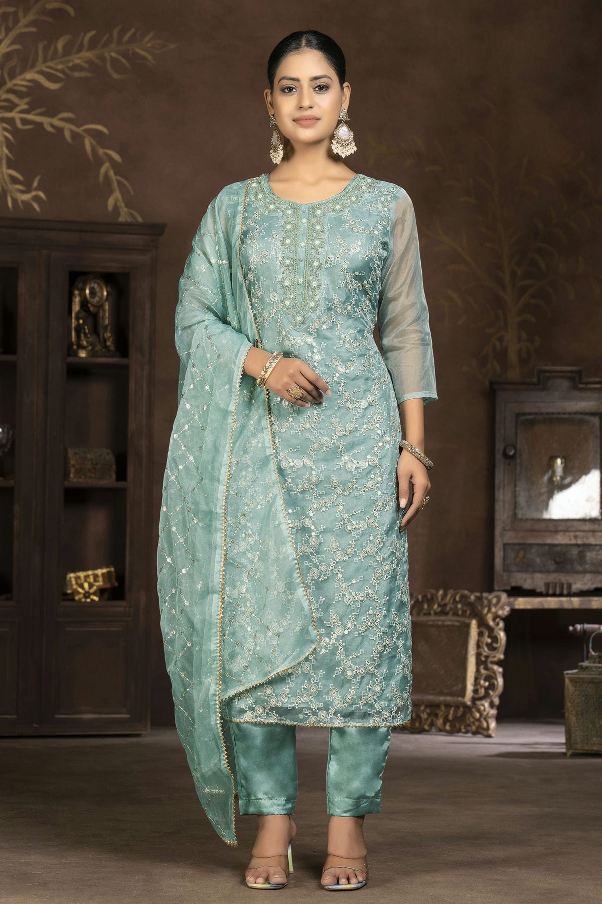 Slate Blue Colour Unstitched Pure Organza Pant Style Suit