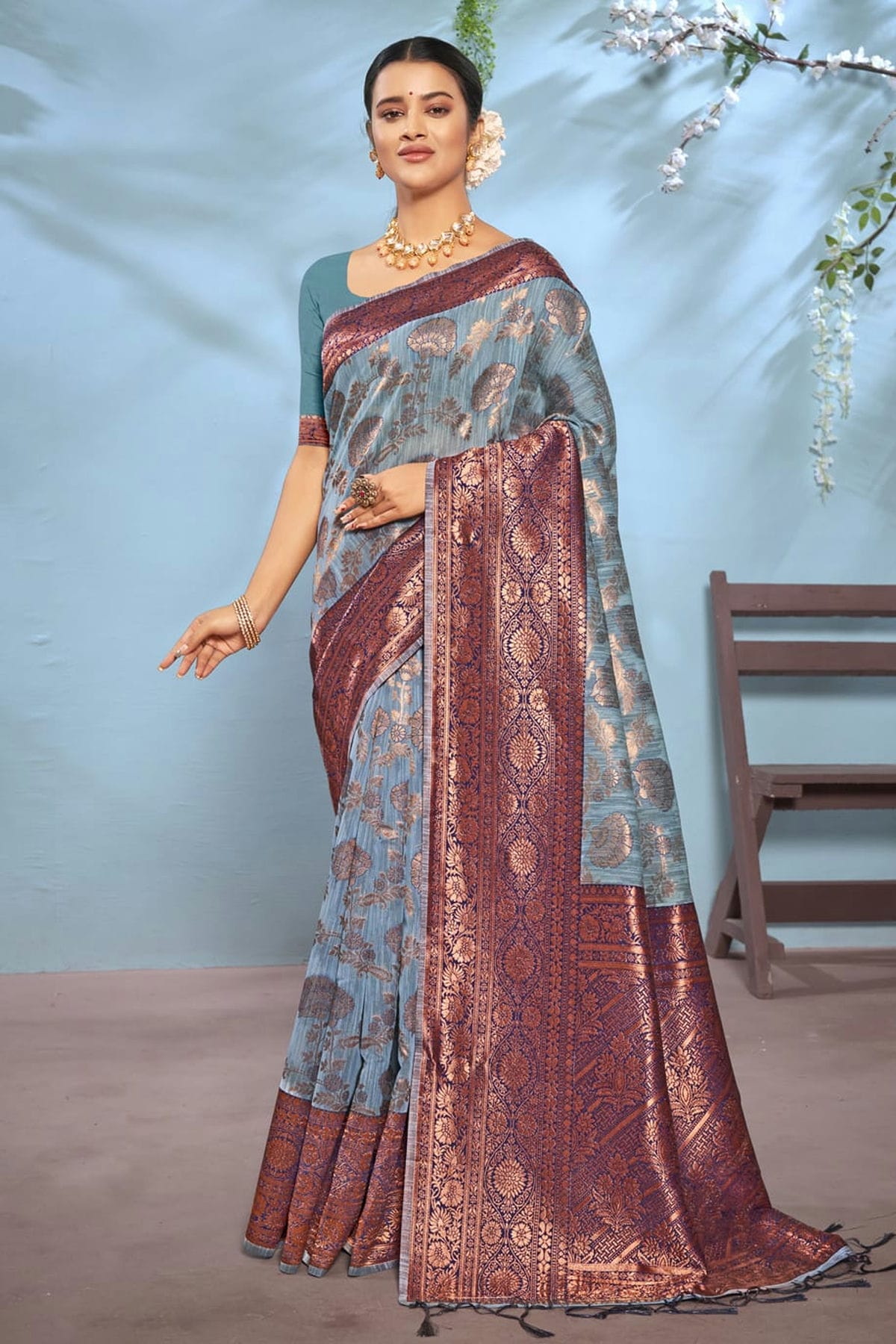 Slate Blue Colour Woven Work Cotton Saree