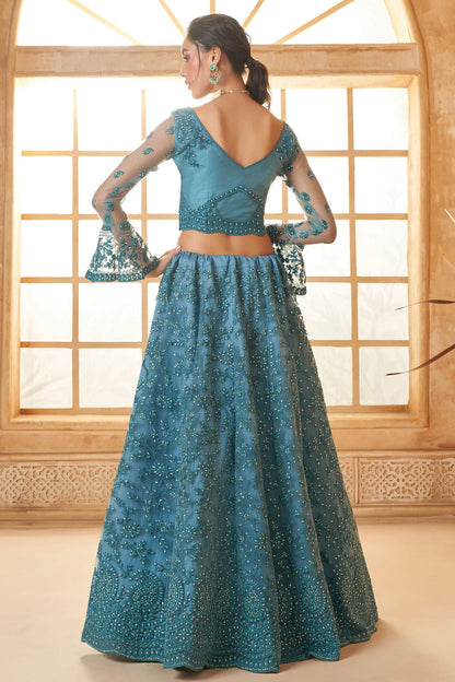 Slate Blue Embroidery Net and SilK Lehenga Choli