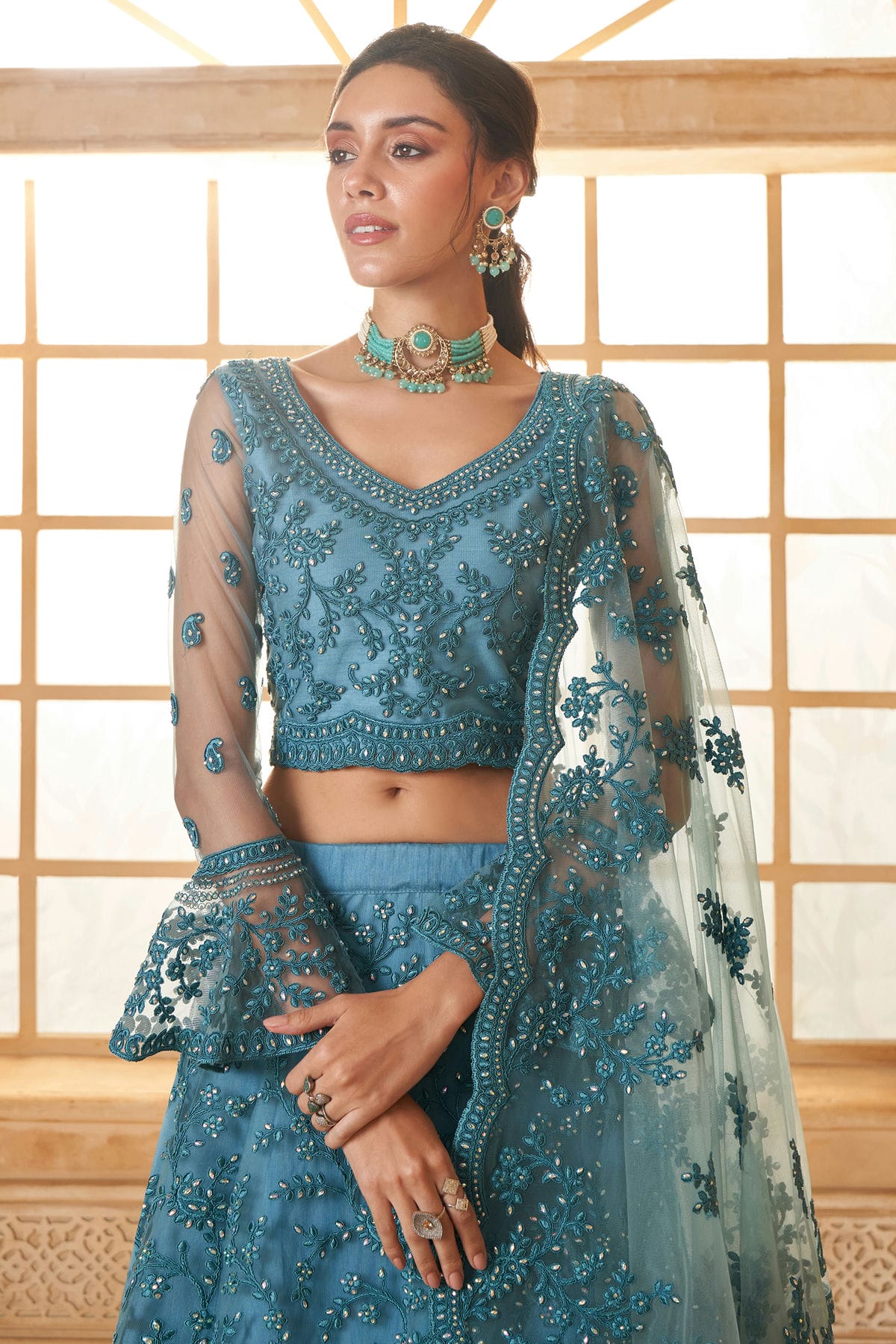 Slate Blue Embroidery Net and SilK Lehenga Choli