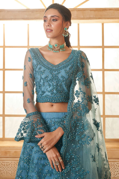 Slate Blue Embroidery Net and SilK Lehenga Choli