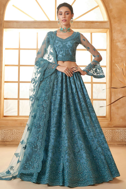 Slate Blue Embroidery Net and SilK Lehenga Choli