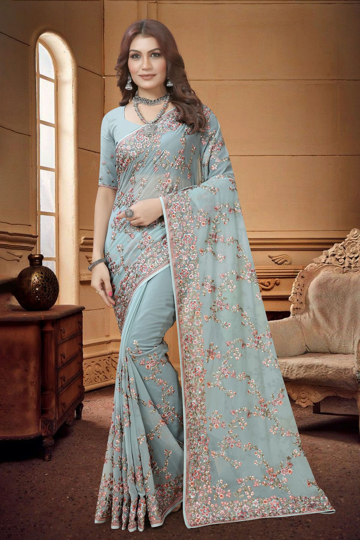 Slate Blue Colour Georgette Saree