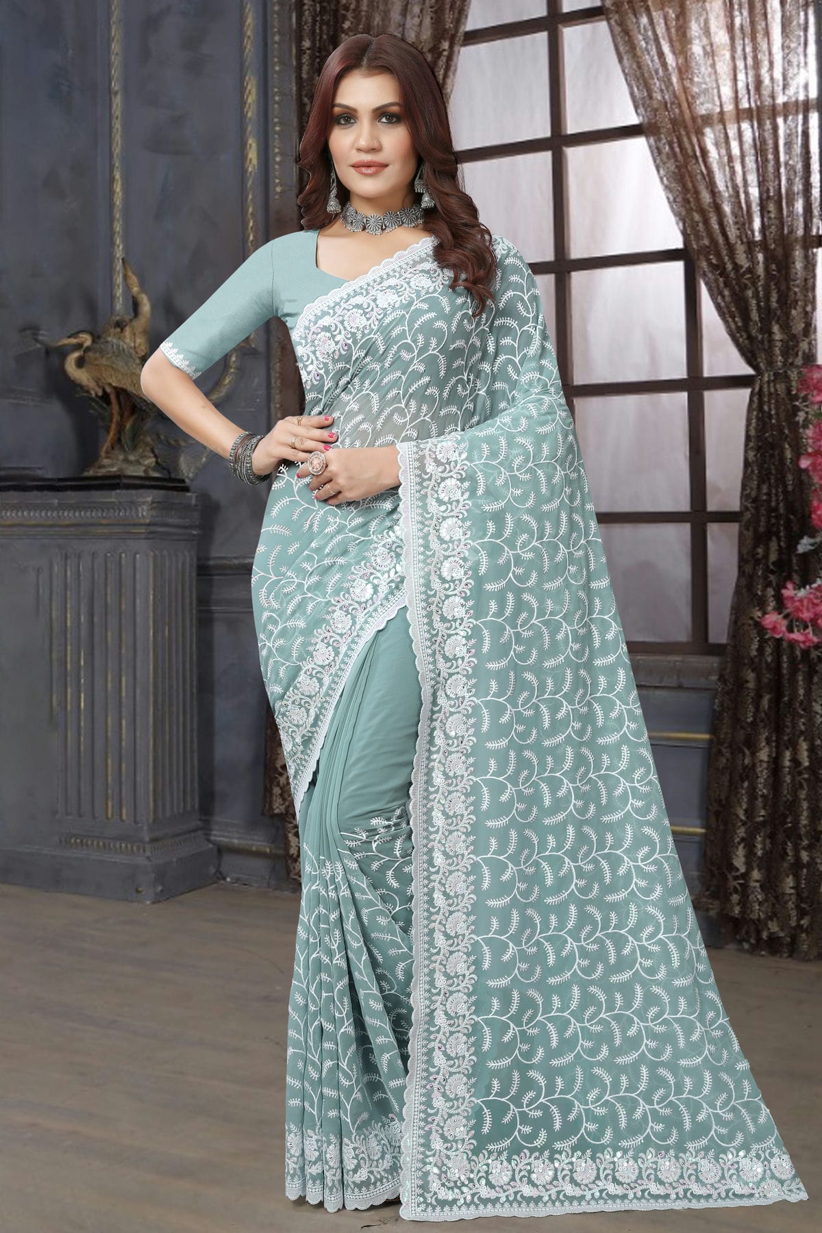 Slate Blue Colour Georgette Saree