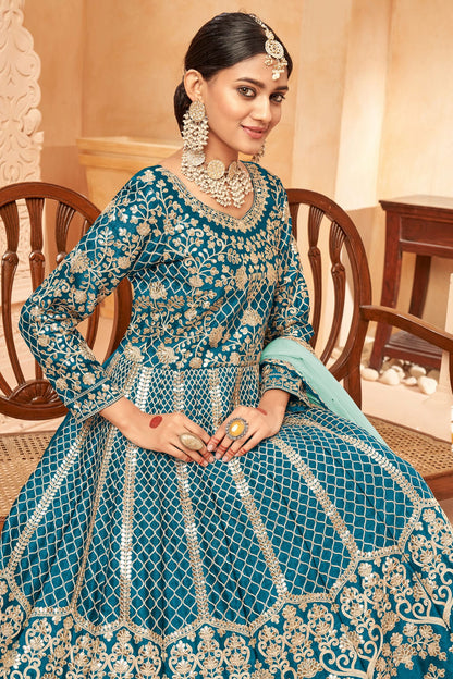 Teal Blue Colour Semi Stitched Art Silk Anarkali Suit