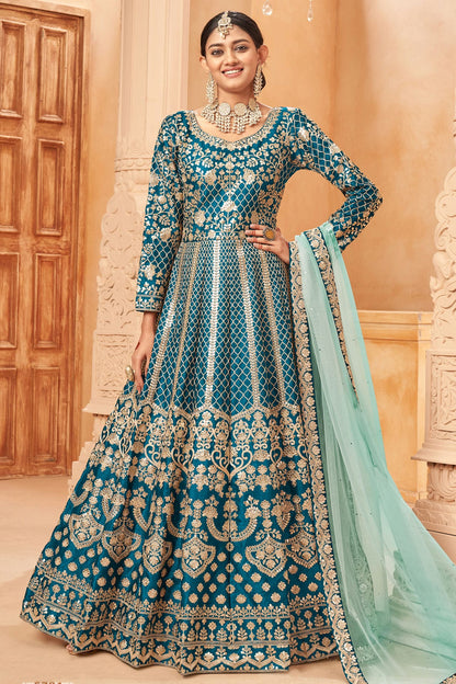 Teal Blue Colour Semi Stitched Art Silk Anarkali Suit