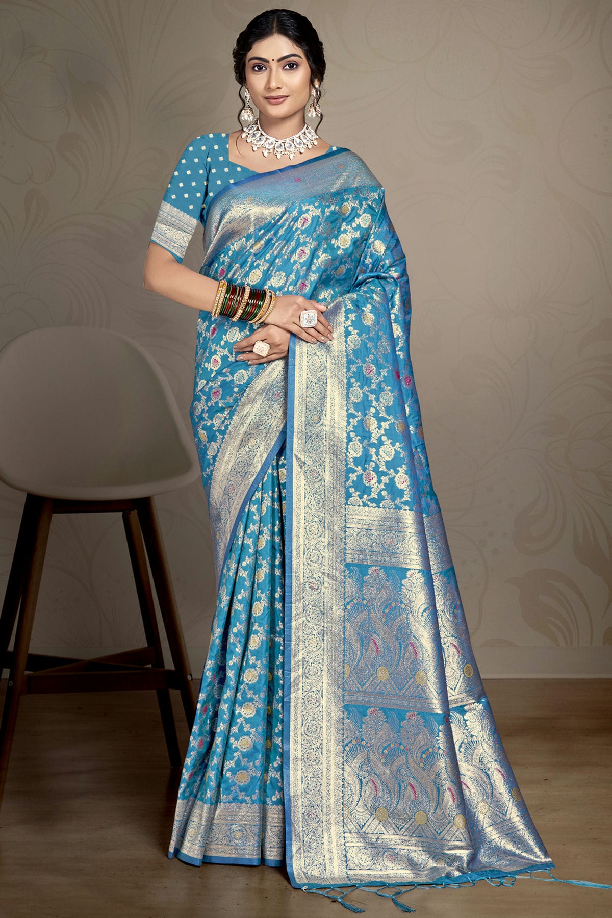 Teal Blue Colour Silk Traditional Saree