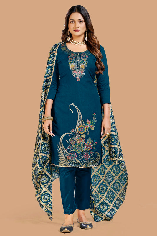 Teal Blue Colour Unstitched Banarasi Jacquard Fabric Straight Suit