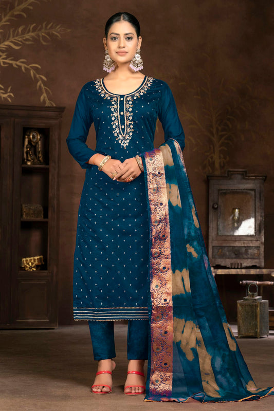 Teal Blue Colour Unstitched Cotton Jacquard Pant Style Suit