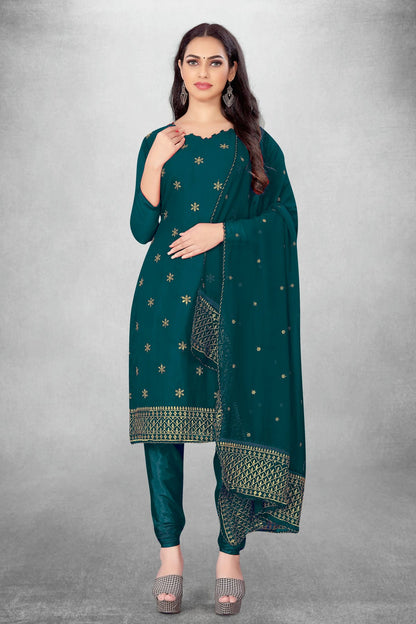 Teal Blue Colour Unstitched Georgette Churidar Suit