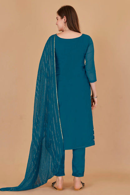 Teal Blue Colour Unstitched Organza Jacquard Fabric Straight Suit