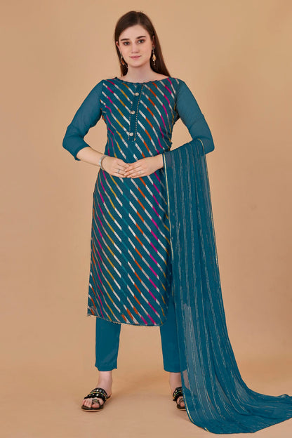 Teal Blue Colour Unstitched Organza Jacquard Fabric Straight Suit