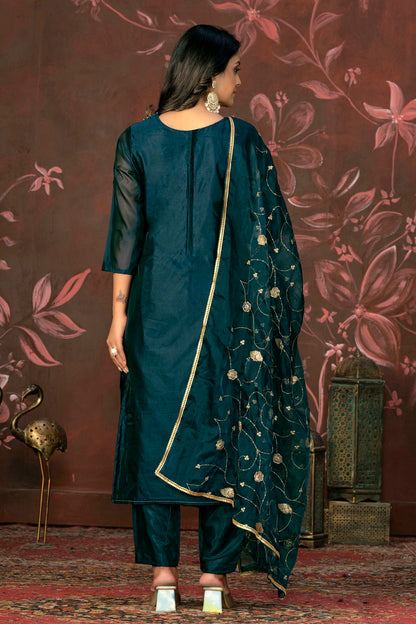 Teal Blue Colour Unstitched Organza Jacquard Straight Suit