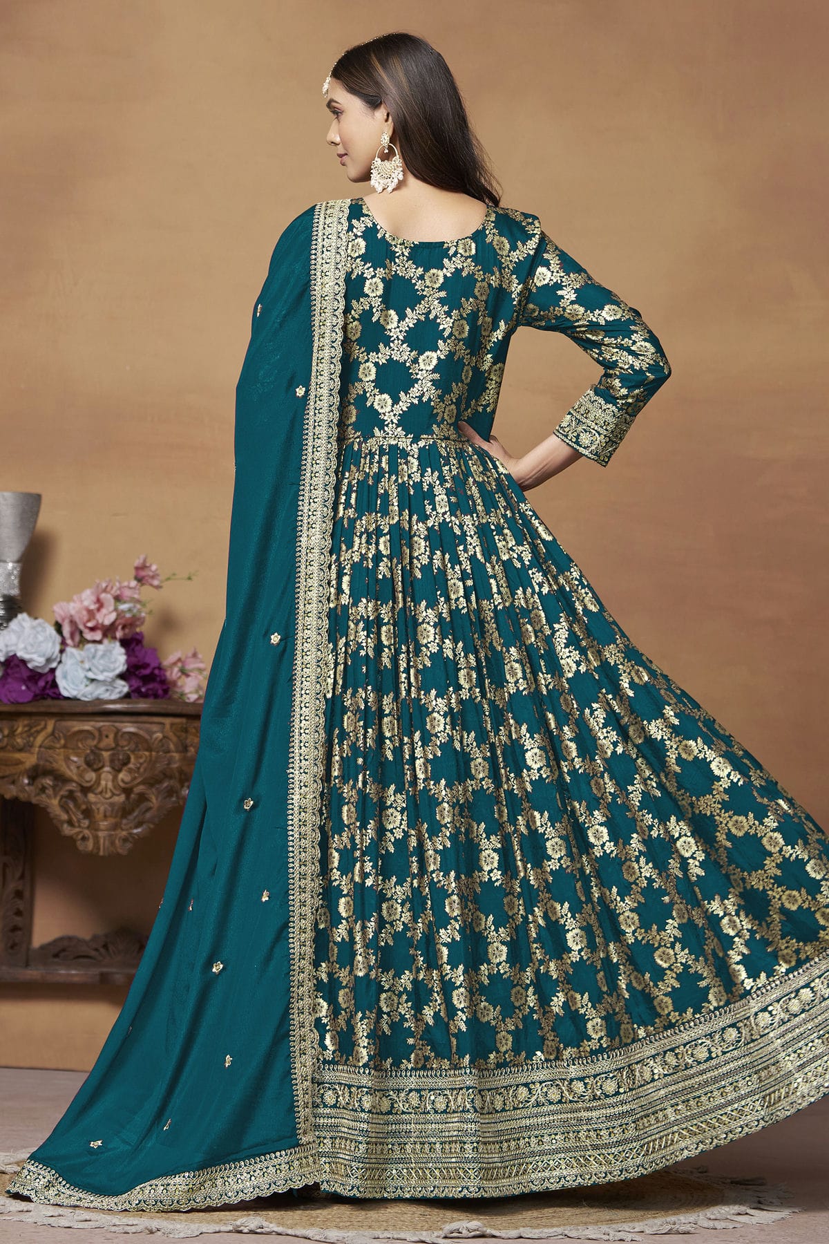 Teal Colour Anarkali Suit Dola Jacquard Semi Stitched