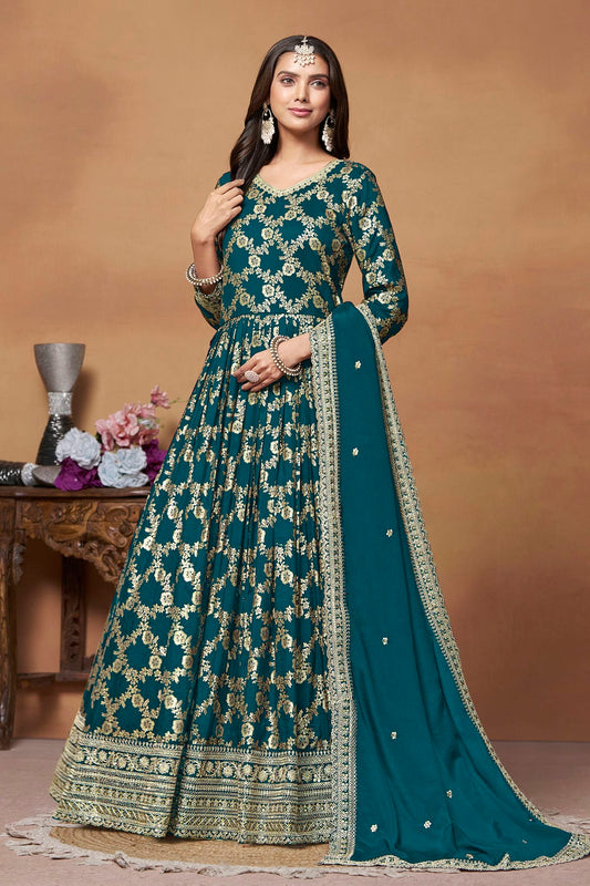 Teal Colour Anarkali Suit Dola Jacquard Semi Stitched