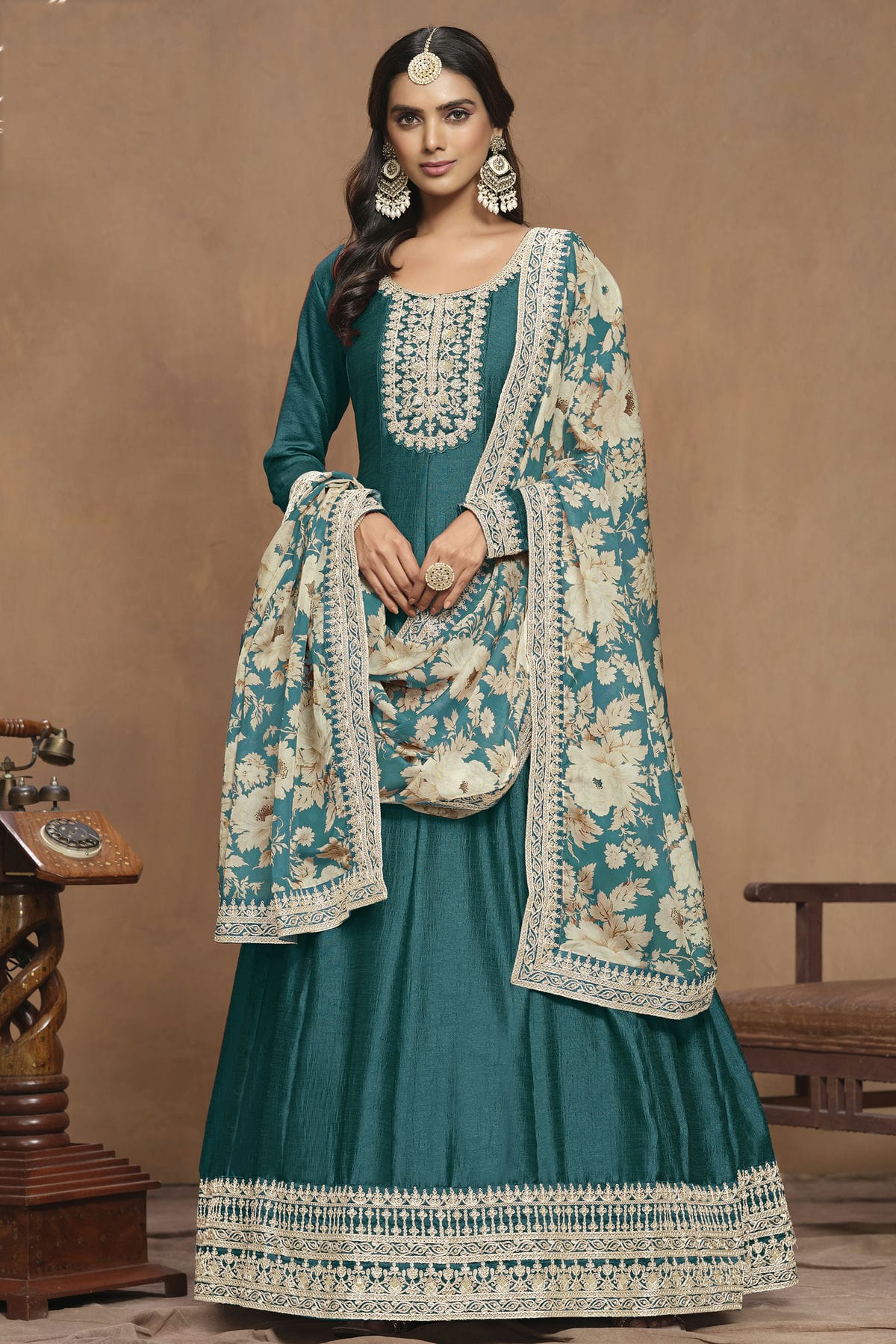 Teal Colour Art Silk Anarkali Suit