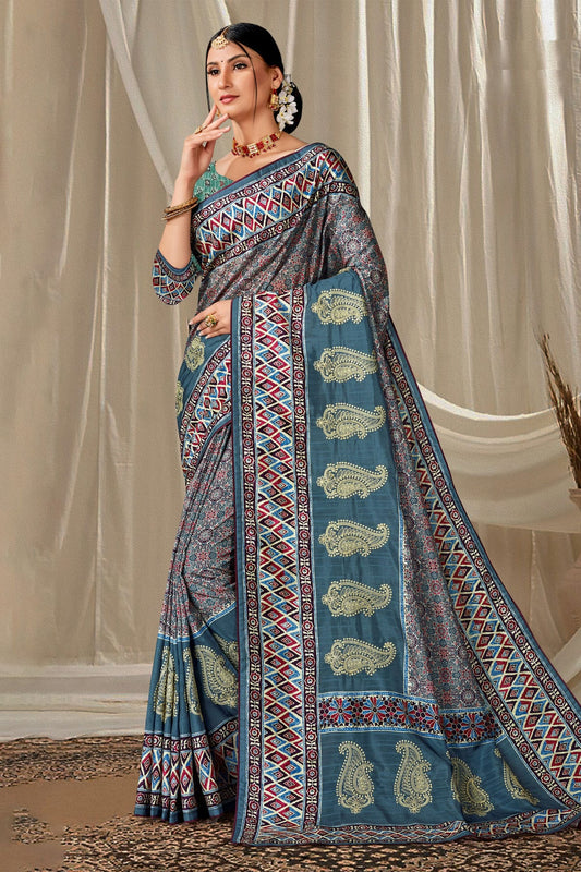 Teal Colour Art Silk Printed Saree