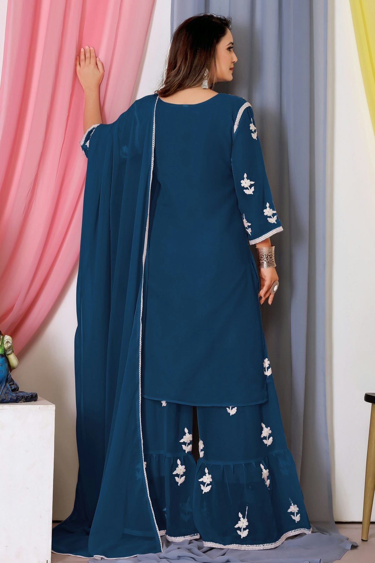 Teal Colour Bamber Georgette Sharara Suit