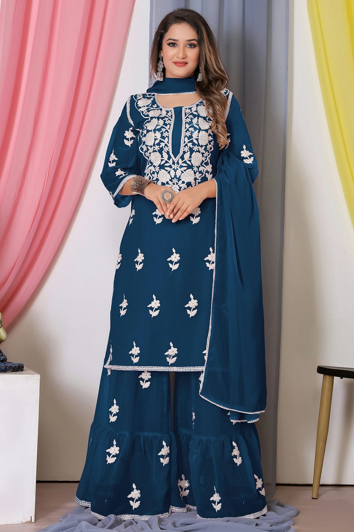 Teal Colour Bamber Georgette Sharara Suit