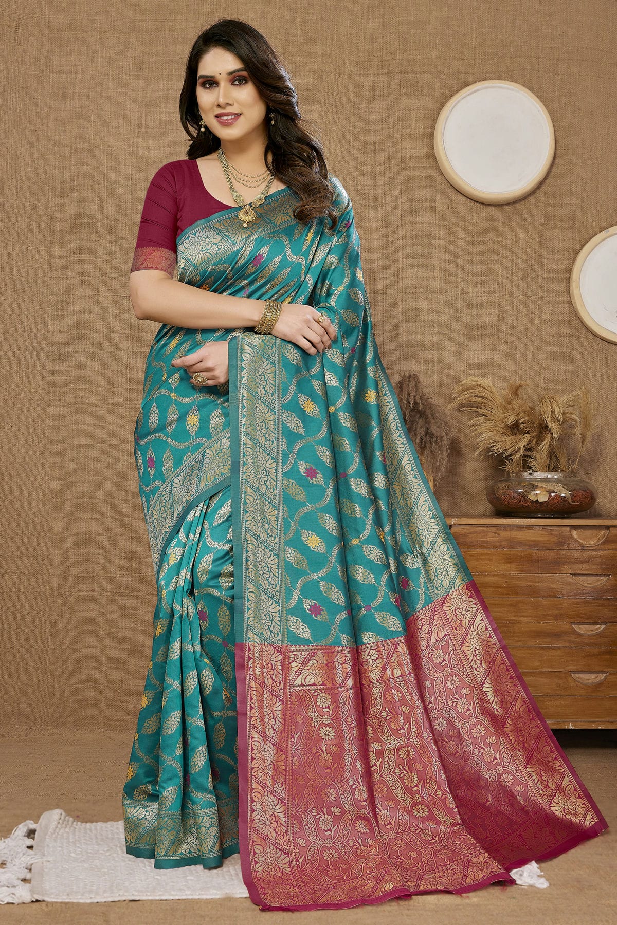 Teal Colour Banarasi Silk Saree