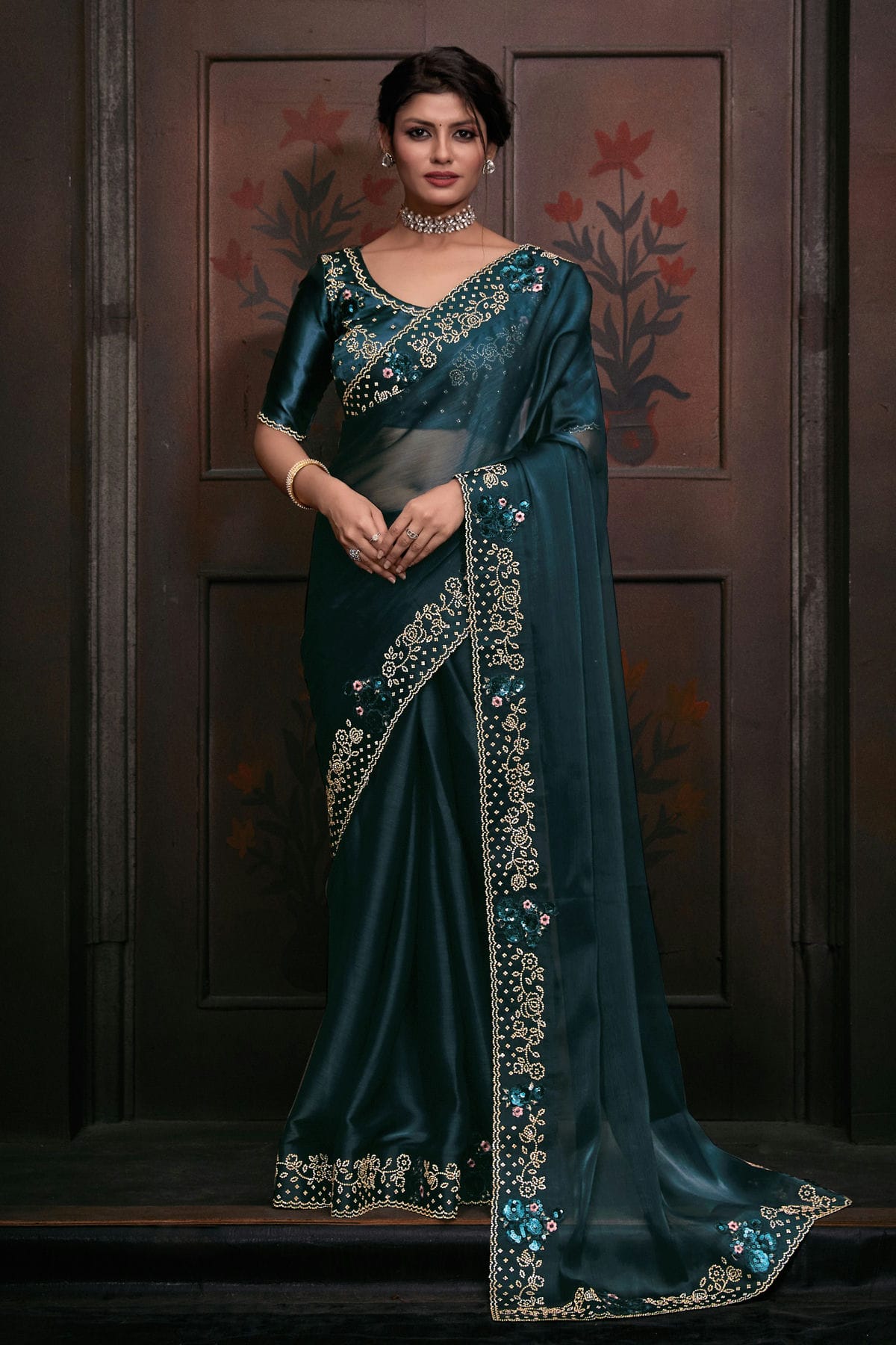 Teal Colour Burberry Silk Designer Saree