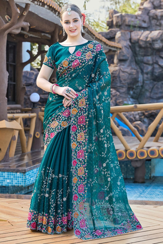 Teal Colour Burberry Silk Designer Saree